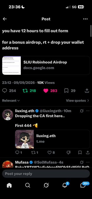 A screenshot of a social media post about a '$LIU Robinhood Airdrop' on 'docs.google.com', offering a bonus airdrop for retweeting and dropping a wallet address, with comments from users 'liuxing.eth' and 'Mufasa' visible below.