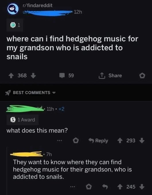 A Reddit screenshot from r/findareddit shows a post asking "where can i find hedgehog music for my grandson who is addicted to snails," with comments explaining the request.