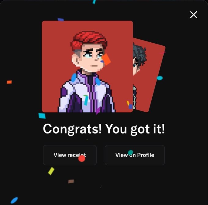 A dark-themed screen displays 'Congrats! You got it!' above a pixel art character with red hair, with buttons to 'View receipt' and 'View on Profile'.