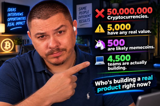 A YouTube thumbnail showing a man pointing at text that reads '50,000,000 Cryptocurrencies,' '5,000 have any real value,' '500 are likely memecoins,' and '4,500 teams are actually building,' with the question 'Who's building a real product right now?'
