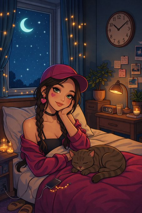 An anime-style illustration of a girl with a pink cap and heart cheek mark lying on a bed with a sleeping tabby cat, while a moonlit window and warm string lights glow in the background.