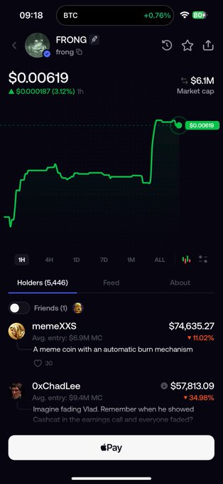 A mobile crypto trading app showing the FRONG token priced at $0.00619, up 3.12%, with a green price chart and top holders listed.