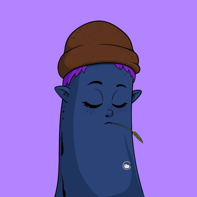 An illustration of a blue, blob-like creature with purple hair wearing a brown beanie, appearing sad with closed eyes while holding a green stem in its mouth against a purple background.
