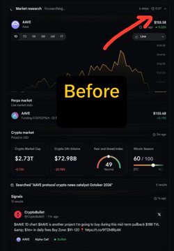 A smartphone crypto market screen showing the AAVE token, labeled 'Before,' with the current price at $155.68, a market cap of $2.73T, and 24-hour volume of $72.98B, featuring a red arrow pointing toward the price.