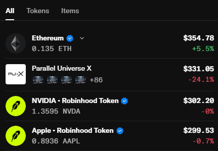 A cryptocurrency portfolio screen showing Ethereum at $354.78 (+5.5%), Parallel Universe X (PUX) at $331.05 (-24.1%), NVIDIA Robinhood Token at $302.20 (-0%), and Apple Robinhood Token at $299.53 (-0.7%).