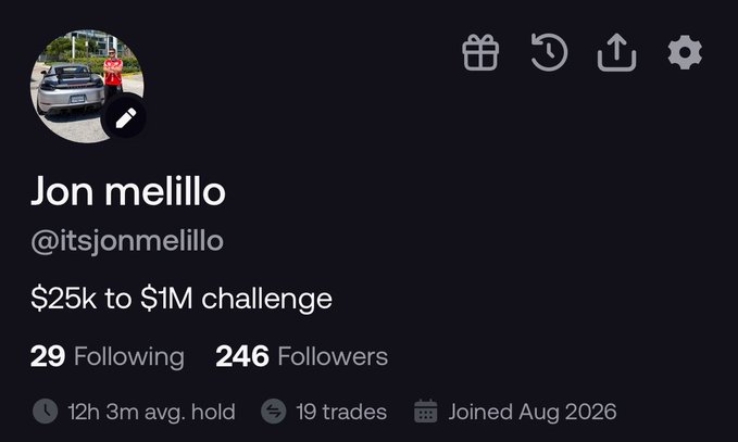 Twitter/X profile for Jon melillo (@itsjonmelillo), a self-funded "$25k to $1M challenge" trader with 246 followers, 19 trades, 12h 3m average hold, who joined Aug 2026. The profile promotes his $300 $SOL giveaway requiring users to like, retweet, and follow him on Fomo.family for a chance to win.