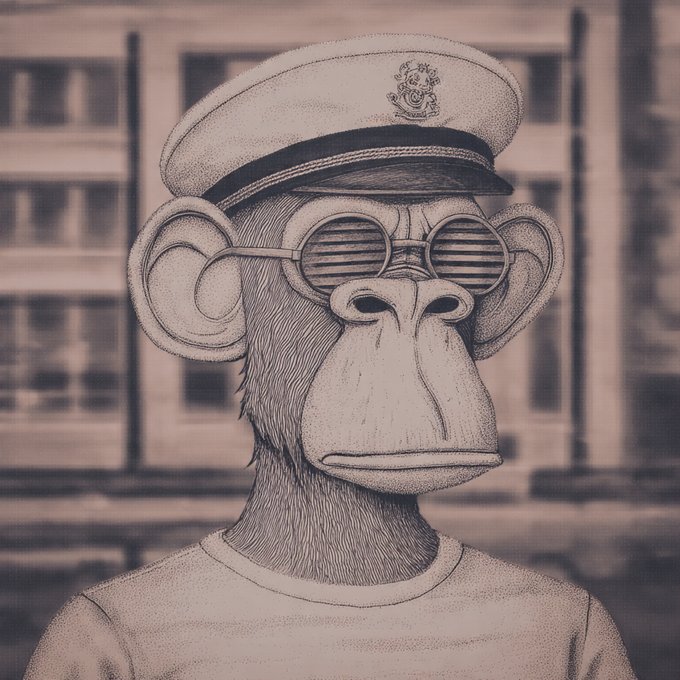 A pencil sketch of a chimpanzee wearing a captain's hat and slatted sunglasses against a backdrop of building windows.