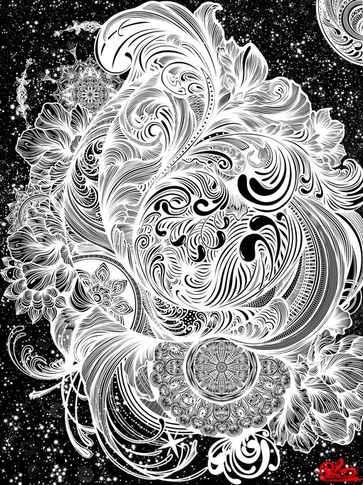 An intricate black-and-white psychedelic illustration featuring swirling floral patterns, mandalas, and a signature in red at the bottom right corner.