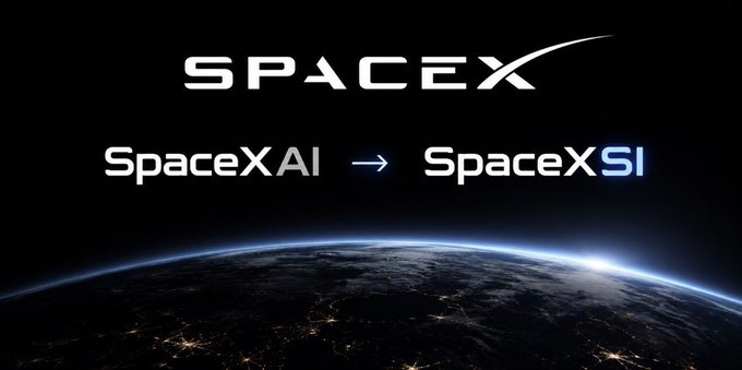 A graphic announcing the name change from "SpaceX AI" to "SpaceX SI" set against an image of the Earth viewed from orbit at night.