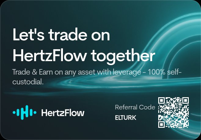 A promotional banner for HertzFlow reading 'Let's trade on HertzFlow together' offering leverage trading on assets with 100% self-custodial service, including referral code 'ELTURK' and a QR code.