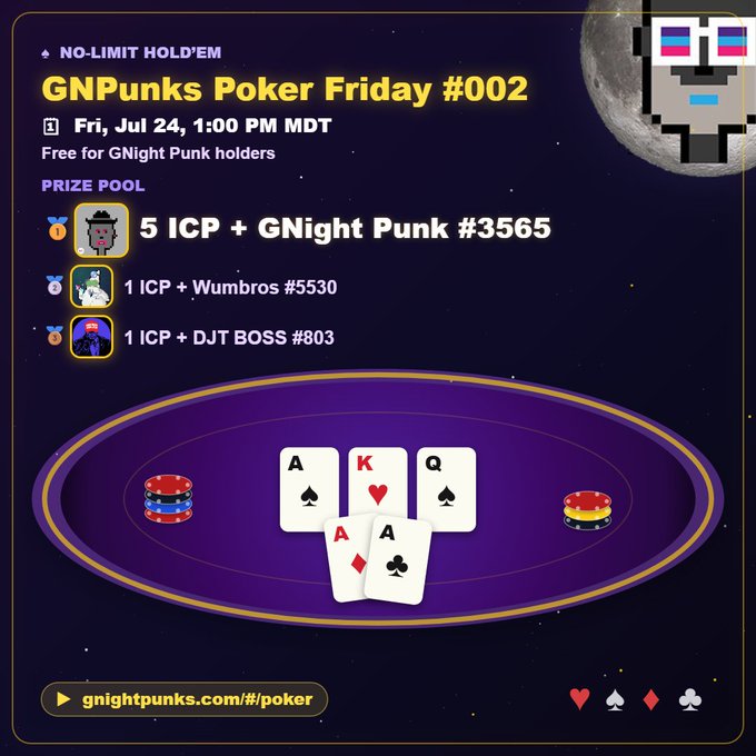 A promotional graphic for 'GNPunks Poker Friday #002' no-limit hold'em tournament on July 24, with prize pool including 5 ICP + GNight Punk #3565, featuring a pixelated character and playing cards on a purple poker table.