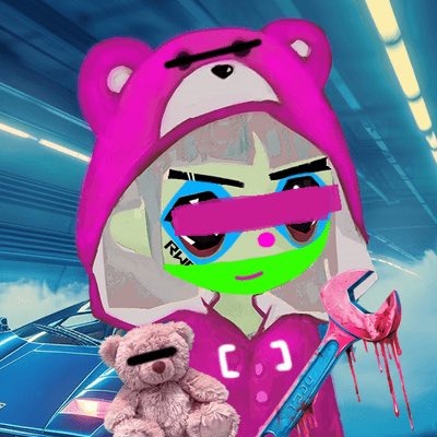 The image features a cartoon girl wearing a pink hooded sweatshirt with a teddy bear on her shoulder. She has blue eyes and green and pink face paint, giving her a unique appearance. The background of the image shows a car driving down an expressway or highway, suggesting that she is in a fast-paced environment. There are also some words written below the girl's head, which could be part of a caption or description related to the image.