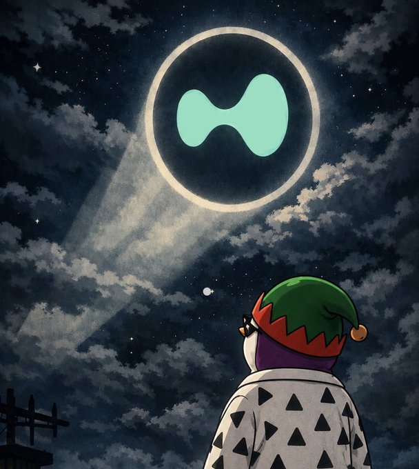 An anime-style illustration shows a character in a green and red hat and patterned coat looking up at a glowing circular symbol with a cyan bowtie shape in the night sky.