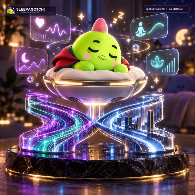 A promotional graphic for 'SLEEPAGOTCHI - AI Companions & Sleep' (@SLEEPAGOTCHI • AGENTIC AI) featuring a cute green sleeping creature with a pink horn surrounded by floating holographic icons depicting health and sleep metrics.