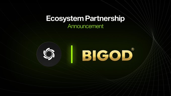 The image is a partnership announcement graphic featuring the Ozak AI logo alongside the BIGOD® token logo, with text reading "Ecosystem Partnership Announcement" against a dark background with green line accents.