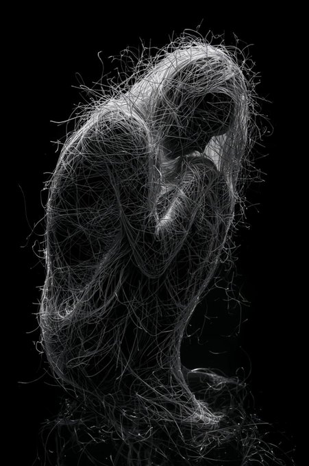 A black and white image with long hairs illustrating a figure sitting.
