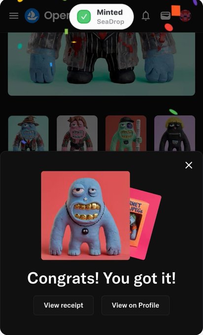 A mobile screen displays a "Congrats! You got it!" confirmation pop-up from OpenSea with a "Minted SeaDrop" notification, featuring a blue cartoon monster character with gold teeth, matching the user's announcement of minting their first Just Toons NFT and joining the community.