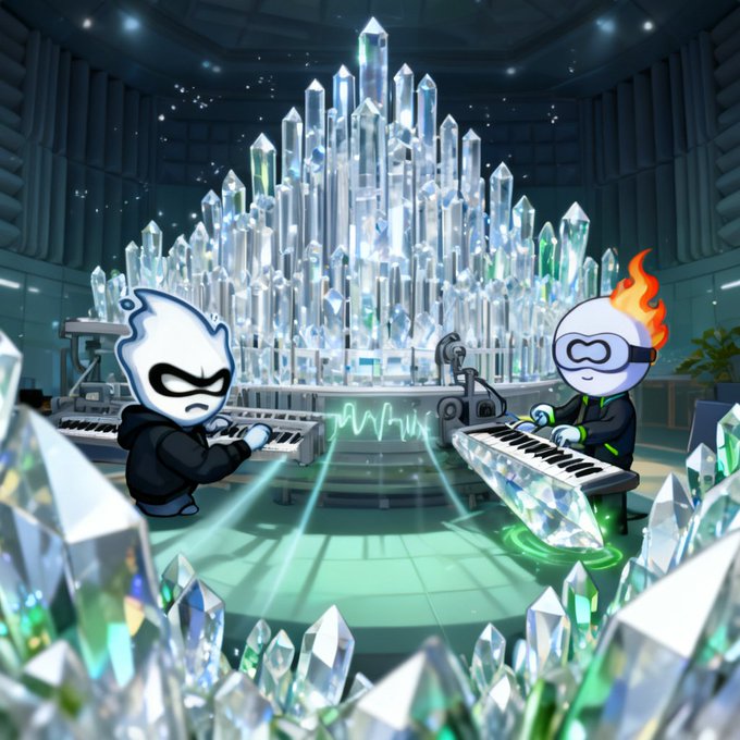 A cartoon illustration of two characters in a crystal-filled room playing musical keyboards, with one playing a piano on the left and another playing a crystal-shaped keytar on the right amidst a glowing audio waveform.