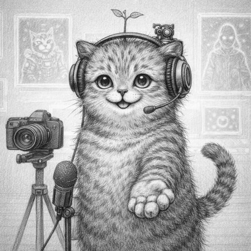 A detailed pencil-style illustration of an adorable kitten wearing headphones with a microphone, standing next to a camera on a tripod, with a small plant sprouting from its head and framed pictures in the background.