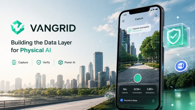 Promotional graphic for 'VANGRID' displaying the text 'Building the Data Layer for Physical AI' alongside a smartphone showing a capture app interface.