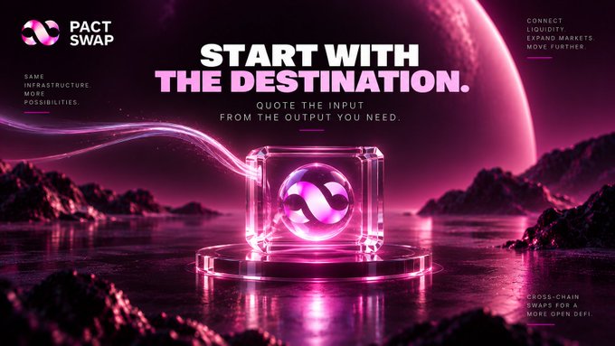 A promotional banner for 'PACT SWAP' with a pink and purple sci-fi aesthetic featuring a glowing cube and logo, displaying the tagline 'START WITH THE DESTINATION.' and listing features like 'CONNECT', 'LIQUIDITY', and 'EXCHANGE MARKETS'.