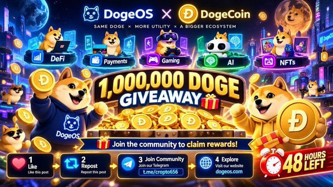 A promotional graphic for a 'DogeOS x DogeCoin 1,000,000 DOGE GIVEAWAY' featuring cartoon Shiba Inus, with instructions to like, repost, join Telegram, and explore the website within 48 hours.