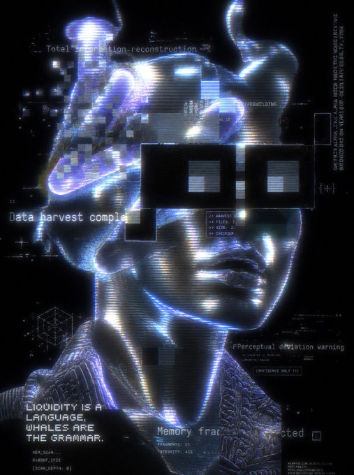 A glitchy, cybernetic humanoid figure is rendered in blue and white digital static against a black background, overlaid with fragmented terminal text including "Total information reconstruction," "Data harvest complete," and "LIQUIDITY IS A LANGUAGE WHALES ARE THE GRAMMAR." The piece visually echoes the post's theme of receiving hidden market signals, with a "Perceptual deviation warning" and "Memory fragment detected" reinforcing the idea of a trader tuning into unseen data streams that "find" the observer.