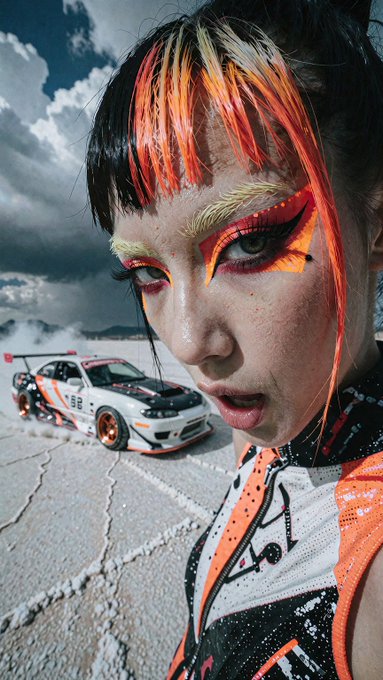 A close-up of a woman with vibrant orange and black hair and dramatic flame-patterned eye makeup, wearing a racing suit with a white and orange sports car visible in the background on a salt flat.