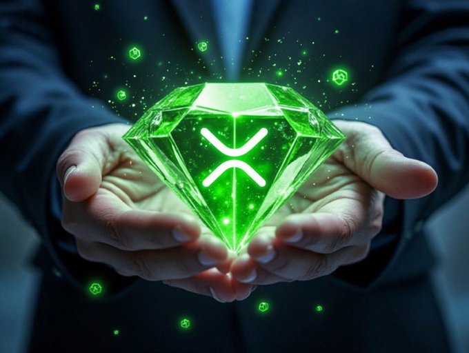 A pair of hands in a dark suit cradles a glowing green diamond-shaped crystal featuring the XRP cryptocurrency logo, with magical particles swirling around it.