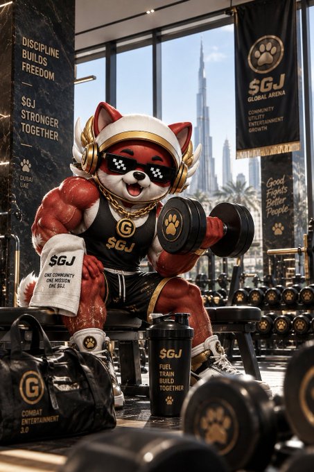 A muscular anthropomorphic fox mascot wearing "SGJ" branded gear, pixel sunglasses, and a gold chain lifts dumbbells in a Dubai gym overlooking the Burj Khalifa, with surrounding banners and equipment displaying "DISCIPLINE BUILDS FREEDOM," "SGJ STRONGER TOGETHER," "SGJ GLOBAL ARENA," and "COMBAT ENTERTAINMENT 3.0," visually embodying the post's message of training hard and uniting under the $GJ community in the world of combat entertainment.