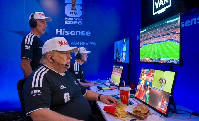 Two FIFA VAR Review officials, one wearing a "MAX" cap, monitor multiple match screens at the 2026 World Cup VAR booth sponsored by Hisense, while a McDonald's meal sits on the desk—playfully aligning with the joke that "MAX" (likely a fast-food mascot) is serving as a special guest in the VAR room.
