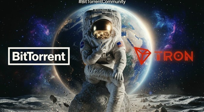 An astronaut sits on a rock on the moon's surface with Earth in the background, flanked by the BitTorrent and TRON logos under the text '#BitTorrentCommunity'.