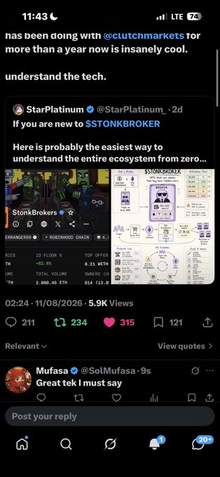 A Twitter/X screenshot shows a post by @clutchmarkets discussing crypto technology, referencing @StarPlatinum's explanation of the $STONKBROKER ecosystem, with 211 comments, 234 retweets, and 315 likes.