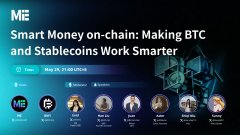 The image features a poster for an event titled "Smart Money on-chain: Making Btc and Stablecoins Work Smarter" with a group of people sitting around a table, possibly discussing strategies or sharing ideas related to cryptocurrency management. The poster also includes information about the event's date, time, and location.