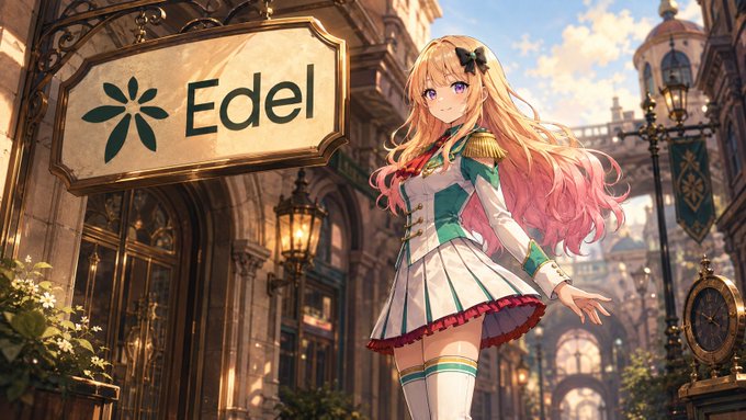 An anime-style character with long blonde and pink hair stands in front of a storefront sign reading "Edel," referencing the @edeldotfinance account mentioned in the post. The vibrant, fashionable anime aesthetic contrasts with the serious crypto/finance updates about Runway's paused status and upcoming closed beta.