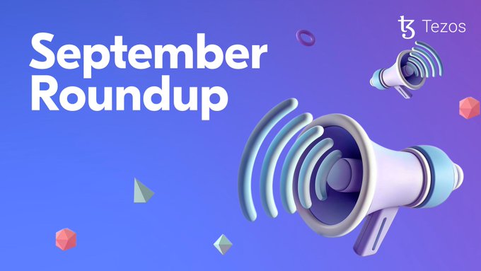 A promotional graphic titled "September Roundup" featuring the Tezos logo and 3D-rendered megaphone icons against a blue-to-purple gradient background.