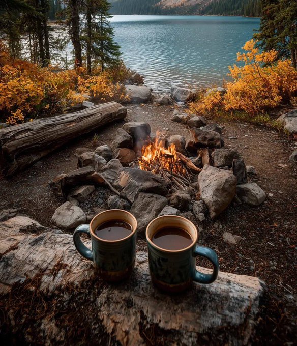 A cozy outdoor scene with two blue ceramic mugs of coffee on a wooden log, with a campfire ringed by rocks burning in the background near a mountain lake.