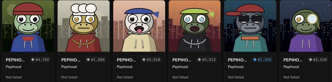 A collection of six cartoonish NFT avatars labeled "PEPIHO..." with token IDs #4,792, #1,889, #3,610, #3,512, #1,335, and #2,539, all titled "Pepihood" and marked as "Not listed."