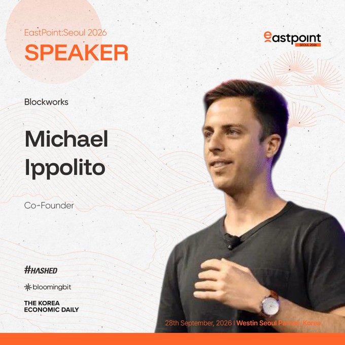 A speaker announcement graphic for 'EastPoint Seoul 2026' featuring Blockworks Co-Founder Michael Ippolito, dated 28th September, 2026.