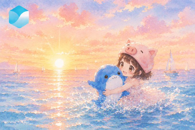 The image features a girl wearing a pig-shaped hat, holding a blue stuffed animal while standing in water at sunset. The scene also includes boats sailing in the background, suggesting that they are enjoying their time near the ocean during this beautiful evening.