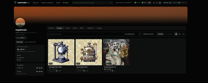A screenshot of the NEARDAYS NFT marketplace showing a user profile 'seqjmain' with three listed items: 'Moonlight Filter (#21)', 'Steam Boiler (#29)', and 'Truely Filtered #14', all priced at 0.99 NEAR.