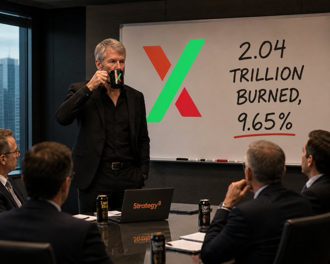 A businessman in a black suit drinks from a mug in a boardroom meeting, with a whiteboard behind him displaying a large red and green 'X' logo and text reading '2.04 TRILLION BURNED, 9.65%' in red.