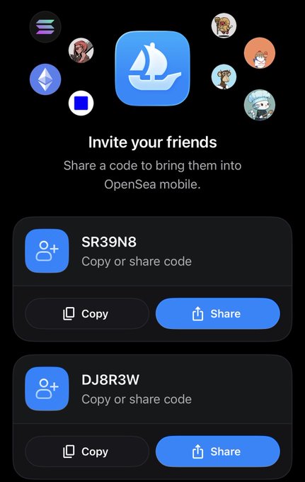 OpenSea mobile app screenshot showing an 'Invite your friends' screen with the OpenSea ship logo, featuring two referral codes (SR39N8 and DJ8R3W) with Copy and Share buttons.