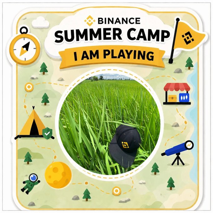 A black baseball cap rests in tall green grass at the center of a "Binance Summer Camp - I AM Playing" graphic, surrounded by camping-themed illustrations like tents, trees, a compass, and a telescope, playfully matching the caption's "touch some grass" sentiment while promoting the @BinanceAngels CryptoLingo challenge.