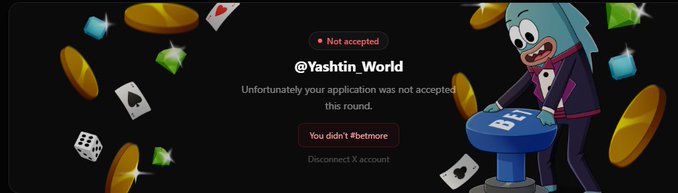 A “Not accepted” application page for @Yashtin_World displays: “Unfortunately your application was not accepted this round,” “You didn’t #betmore,” and “Disconnect X account.” The rejection notice illustrates the poster’s disappointment after being active in the AVEX ecosystem and holding nearly 69 AVEX on Binance.