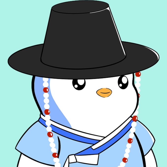A cartoon penguin character wearing a traditional Korean black gat hat and blue hanbok with decorative beaded ornaments.