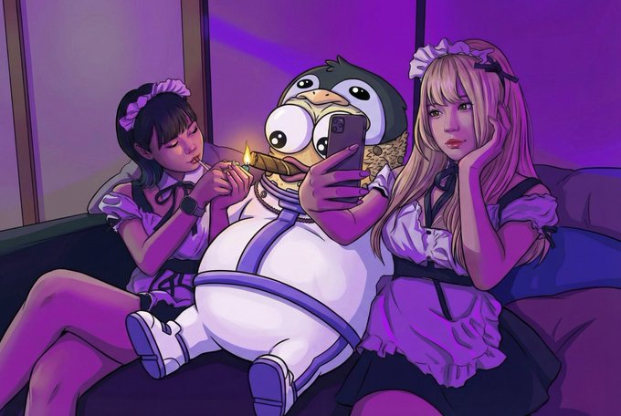 An anime-style illustration shows two women in maid outfits flanking a plush mascot character on a couch bathed in purple neon light, with one woman lighting a rolled cigar and the other posing while the mascot holds up a smartphone. The image humorously captures the celebratory vibe of cashing in on a quick NFT flip, fitting the post's theme of making a small profit from a free Chog mint.