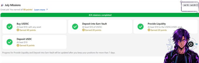 A screenshot of a crypto rewards dashboard showing 'July Missions' as 4/4 completed, including tasks like 'Buy USDC' and 'Deposit into Earn Vault'.