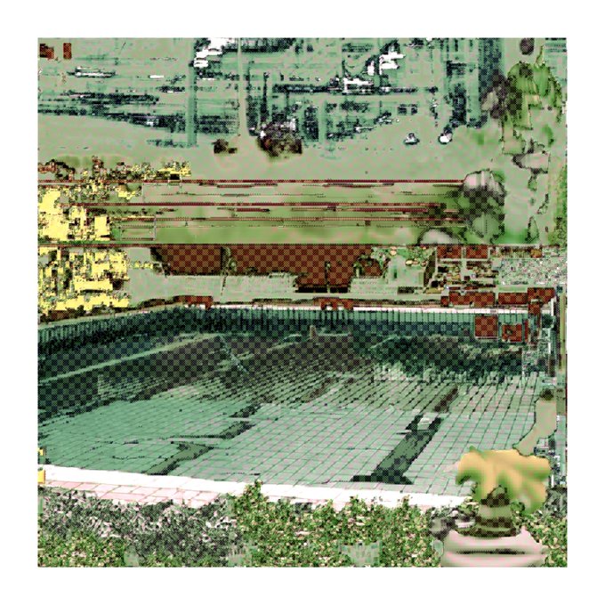 An aerial view of a parking lot and street rendered in a distorted, glitchy, and inverted color filter.