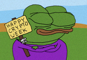 A cartoon of Pepe the Frog holding a sign that reads “HAPPY CRYPTO WEEK.”